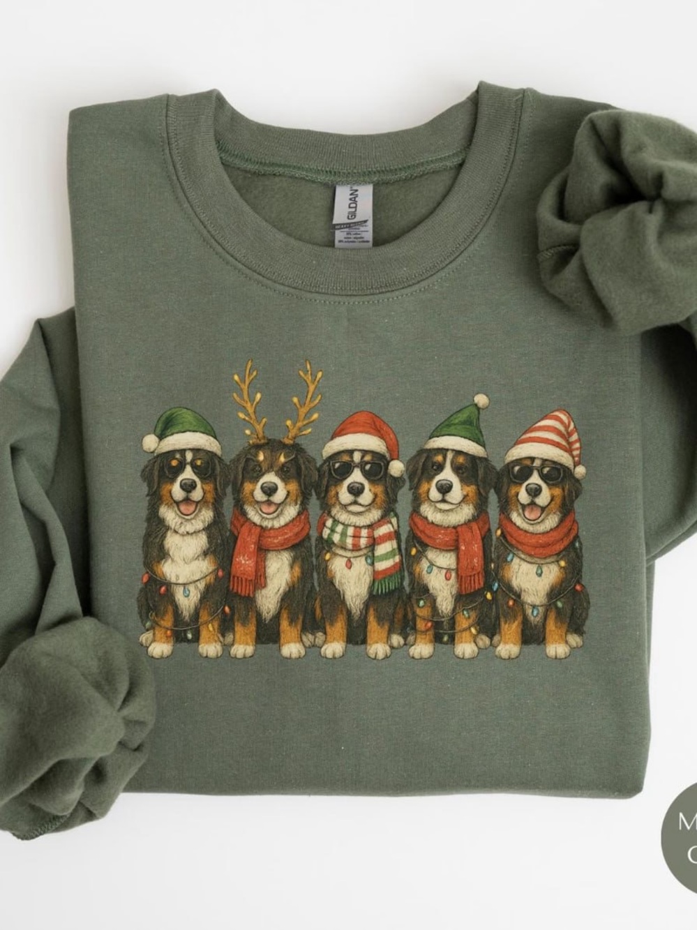 Forest Green Sweatshirt with Festive Bernese Mountain Dogs